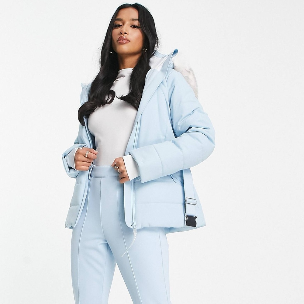 ASOS Light Blue Puffer Ski Jacket with Faux Fur Trim